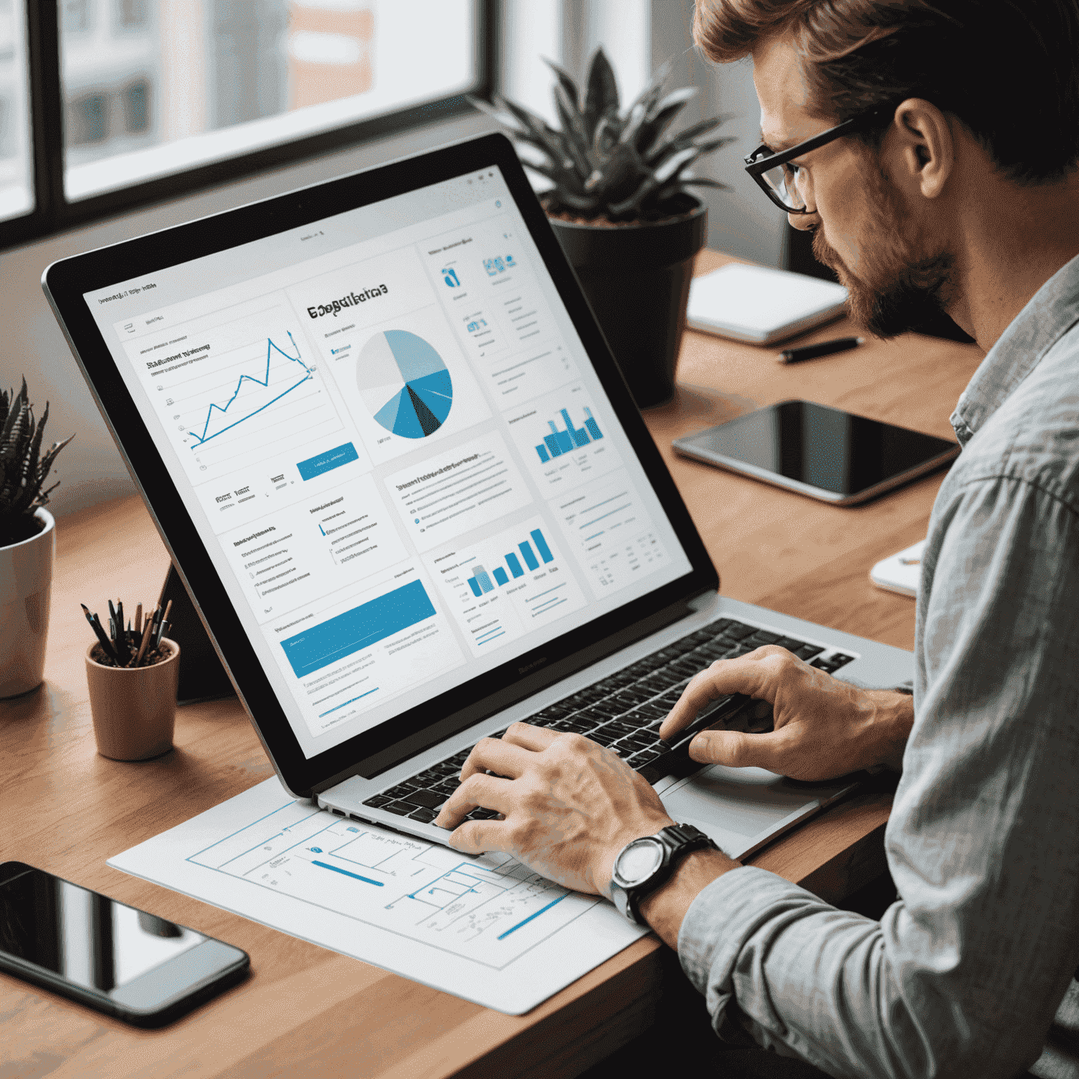 Illustration of a designer working on a user interface, applying essential UX design principles to create an engaging and intuitive layout.