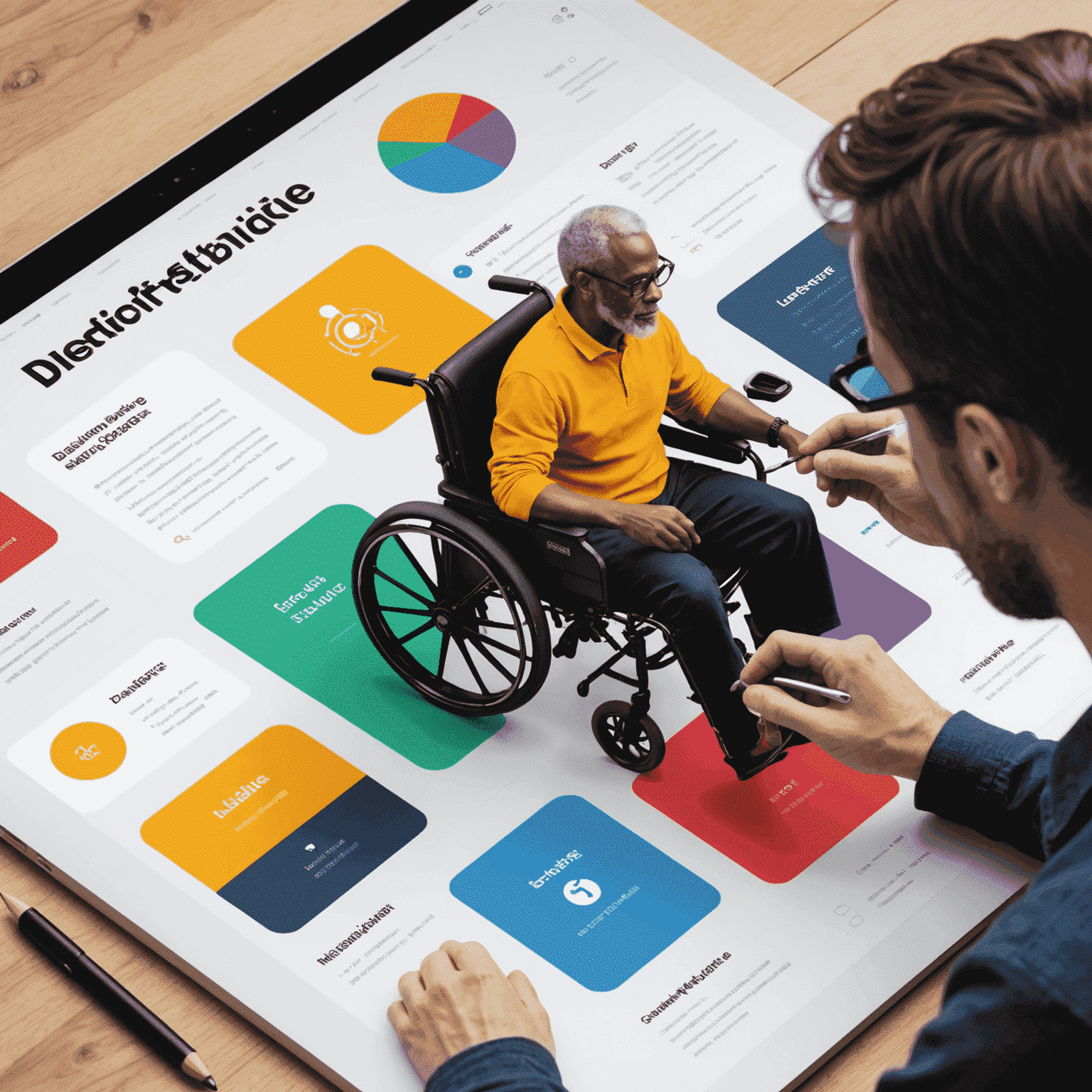 Illustration depicting inclusive design practices, such as using high contrast colors, clear typography, and accessible navigation, to ensure interfaces are usable by people with diverse abilities.